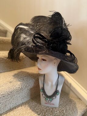 Elegant Black Feather Wide-Brim Hat alienation